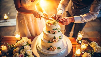 A bride and groom cutting their beautifully decorated wedding cake, illuminated by candlelight. A romantic image perfect for wedding themes, celebrations, and love-related content...