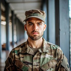 Obraz premium A serious male soldier in full camouflage uniform stands indoors, expressing focus and determination. This strong military portrait is perfect for themes related to service, patriotism, and duty...