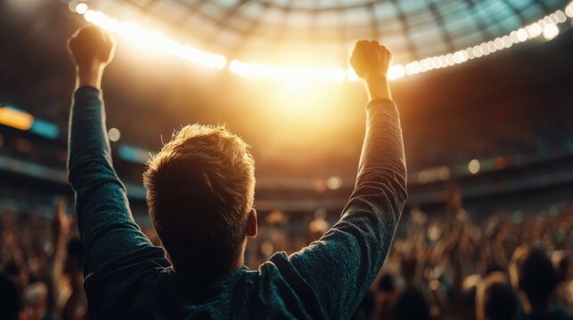 A vibrant image of a person enthusiastically cheering in a crowded stadium, encapsulating the energy and thrill of live sports, set against the backdrop of dazzling lights.