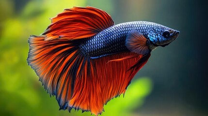 Fototapeta premium A magnificent half-moon Siamese betta fish with velvety black and fiery red fins, gracefully suspended in motion against a dark backdrop.