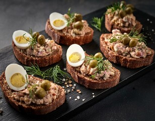 close up of whole grain bread slices garnished with tartar quail eggs capers and herbs on a stylish dark tray