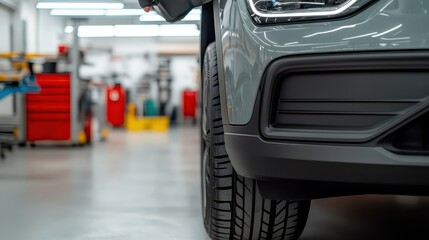 Fototapeta premium Close-up of a car tire and alloy wheel in an automotive workshop, showcasing vehicle maintenance and repair services.