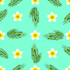 Seamless pattern with tropical yellow flowers and palm leaves on a light blue background