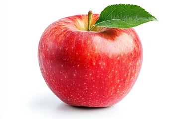 A single, ripe red apple with a green leaf on a white background.
