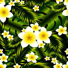 Seamless pattern with tropical flowers, palm leaves and monstera on a black background