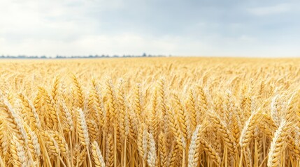 Naklejka premium Golden wheat field under a cloudy sky, showcasing nature's beauty and agricultural richness, ideal for farming and nature themes.