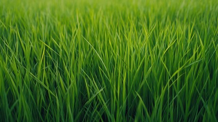 Fototapeta premium Lush green grass fills the frame, showcasing vibrant textures and a fresh organic feel, perfect for nature-themed projects.