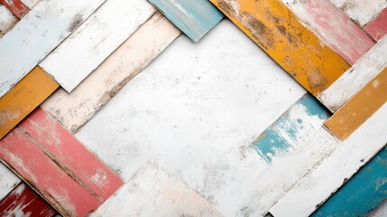 This image shows a creative arrangement of colorful, weathered wooden planks forming a border pattern, with a central light background. Vibrant and rustic imagery.