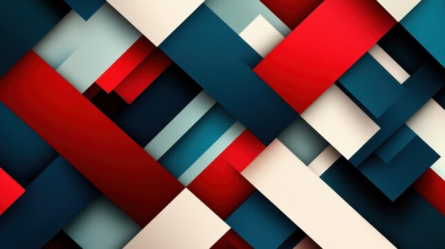 The creative design features intersecting blocks in vibrant colors ranging from red to blue, creating a visually compelling abstract composition full of energy and depth.