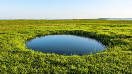 Serene landscape featuring a clear pond surrounded by lush green grass under a bright blue sky.