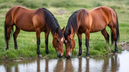 Fototapeta premium Two beautiful horses peacefully drinking from a serene pond, surrounded by lush green grass under a clear sky.