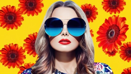 A stylish woman with sunglasses against a vibrant floral background.