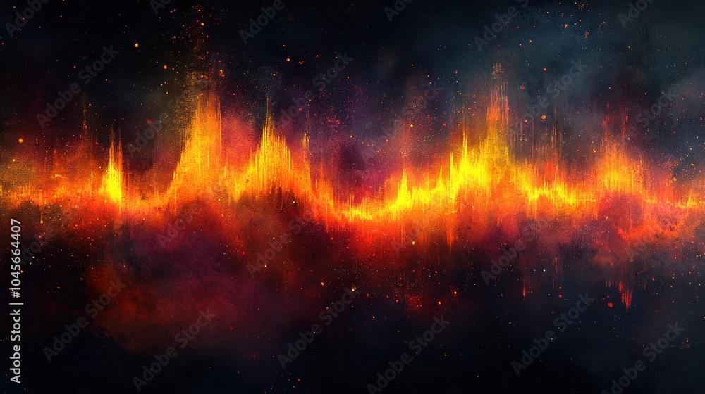 Poster abstract visualization of sound waves with fiery colors against a dark background.