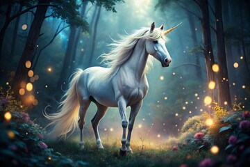 Elegant Unicorn in Mystical Forest with Bokeh Effect - Enchanting Fantasy Scene