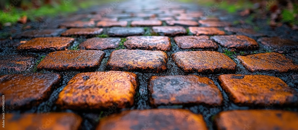 Poster a close-up view of a cobblestone path with a wet surface, reflecting warm tones.