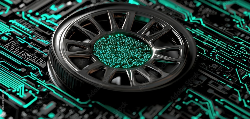 Poster exploring the intersection of technology and design a close-up of a futuristic wheel on a circuit bo