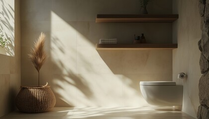 Bright Restroom With Ceramic Toilet Bowl, Shelving Unit, And Wicker Basket In The Interior: A Simple And Functional Design For Any Home.