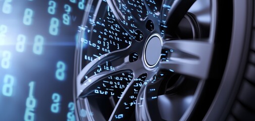 Fototapeta premium Exploring the intersection of advanced technology and automotive innovation a close-up on a wheel integrated with digital elements and data representation in the modern era