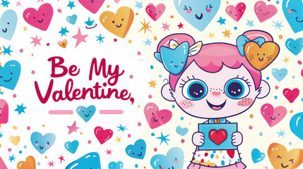 Fototapeta premium Adorable Valentine's Day Card Featuring a Big-Eyed Character and Colorful Hearts
