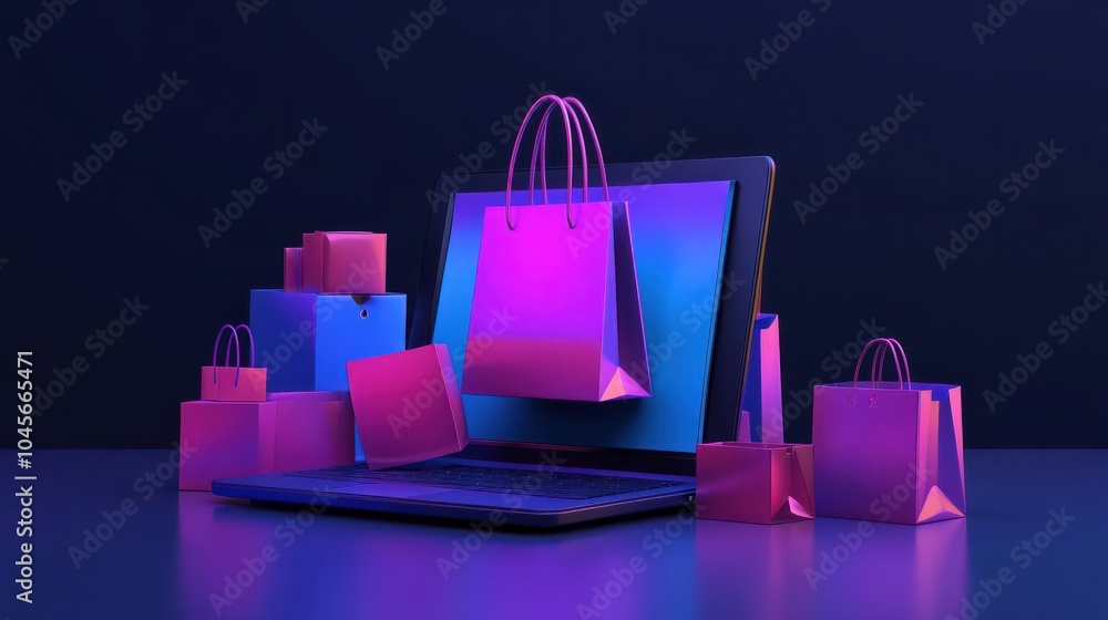 Aufkleber product package boxes and shopping bag in cart with laptop computer which web store shop on screen f
