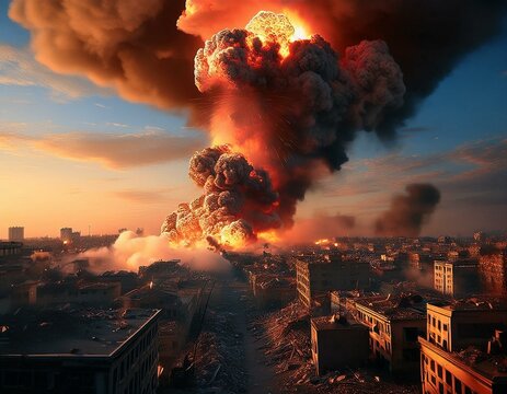 Una escena de la ciudad de humo y destrucci&oacute;n despu&eacute;s de un ataque a&eacute;reo, humo rojo, fuego, edificios en ruinas, nubes de humo, destrucci&oacute;n, escena de guerra, ciudad y edificios en ruinas