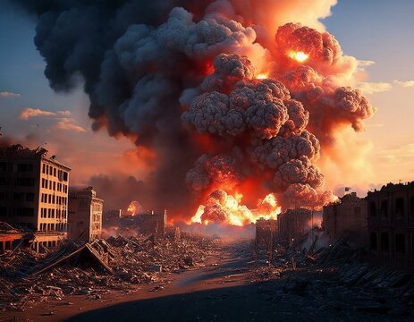 Una escena de la ciudad de humo y destrucci&oacute;n despu&eacute;s de un ataque a&eacute;reo, humo rojo, fuego, edificios en ruinas, nubes de humo, destrucci&oacute;n, escena de guerra, ciudad y edificios en ruinas