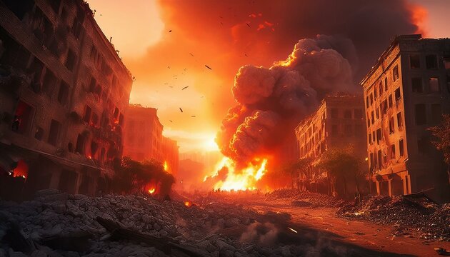 Una escena de la ciudad de humo y destrucci&oacute;n despu&eacute;s de un ataque a&eacute;reo, humo rojo, fuego, edificios en ruinas, nubes de humo, destrucci&oacute;n, escena de guerra, ciudad y edificios en ruinas