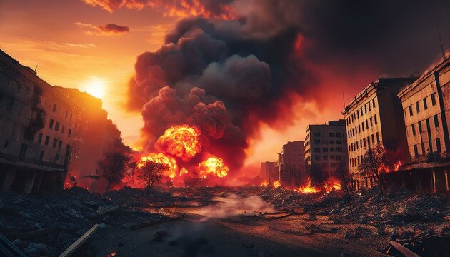 Una escena de la ciudad de humo y destrucci&oacute;n despu&eacute;s de un ataque a&eacute;reo, humo rojo, fuego, edificios en ruinas, nubes de humo, destrucci&oacute;n, escena de guerra, ciudad y edificios en ruinas