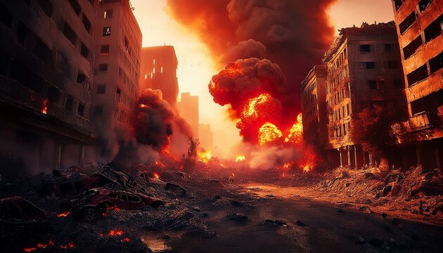 Una escena de la ciudad de humo y destrucci&oacute;n despu&eacute;s de un ataque a&eacute;reo, humo rojo, fuego, edificios en ruinas, nubes de humo, destrucci&oacute;n, escena de guerra, ciudad y edificios en ruinas