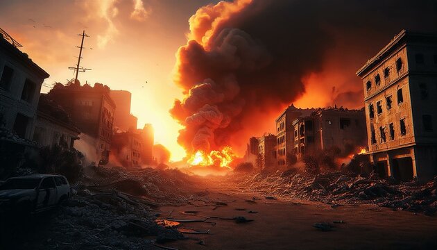 Una escena de la ciudad de humo y destrucci&oacute;n despu&eacute;s de un ataque a&eacute;reo, humo rojo, fuego, edificios en ruinas, nubes de humo, destrucci&oacute;n, escena de guerra, ciudad y edificios en ruinas