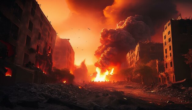 Una escena de la ciudad de humo y destrucci&oacute;n despu&eacute;s de un ataque a&eacute;reo, humo rojo, fuego, edificios en ruinas, nubes de humo, destrucci&oacute;n, escena de guerra, ciudad y edificios en ruinas