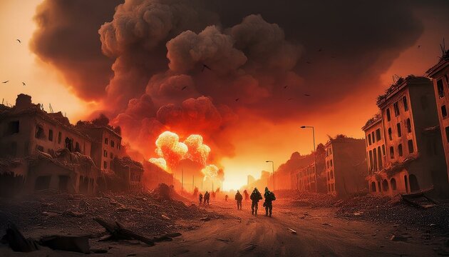 Una escena de la ciudad de humo y destrucci&oacute;n despu&eacute;s de un ataque a&eacute;reo, humo rojo, fuego, edificios en ruinas, nubes de humo, destrucci&oacute;n, escena de guerra, ciudad y edificios en ruinas