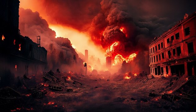 Una escena de la ciudad de humo y destrucci&oacute;n despu&eacute;s de un ataque a&eacute;reo, humo rojo, fuego, edificios en ruinas, nubes de humo, destrucci&oacute;n, escena de guerra, ciudad y edificios en ruinas