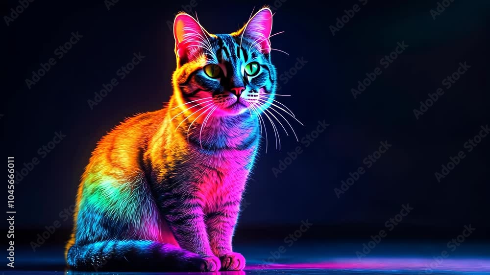 Poster Captivating tabby cat striking a pose under a dazzling array of colorful lights