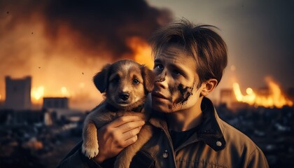 Pequeño perro llorando con polvo en la cara, un fondo de guerra, con una ciudad destruída y fuego.
