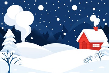 A cozy winter scene charming red house surrounded by snowy mountains and whirling snowflakes under a starry night sky