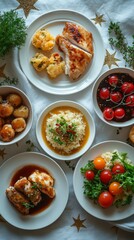 A vibrant family feast featuring assorted dishes served on a festive table