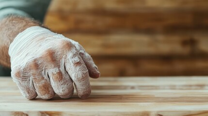 A chalk-dusted hand rests on a formerly smooth, now textured wooden surface, emphasizing themes of creativity, craftsmanship, and the passage of time.