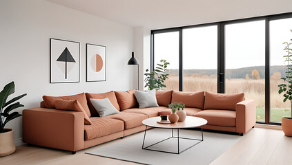 cozy scandinavian living room features sofa terra cotta cushions near large windows