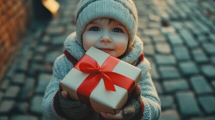 Small cute child holding present gift box with red ribbon,giving receiving presents on holiday event