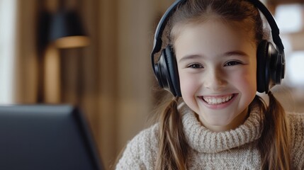Smiling girl wear wireless headphone study online with skype teacher