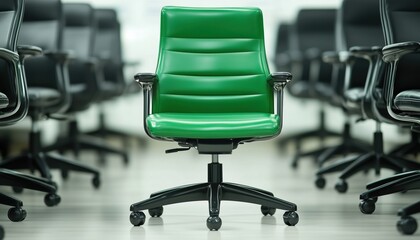 Fototapeta premium Green Office Chair Stands Out Among Black Ones In Vacant Position Banner Design On White Background.