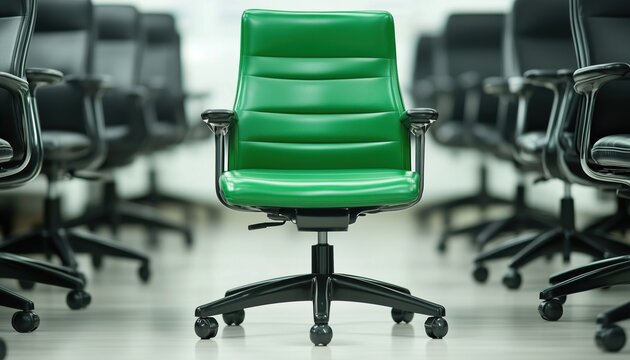 Green Office Chair Stands Out Among Black Ones In Vacant Position Banner Design On White Background.