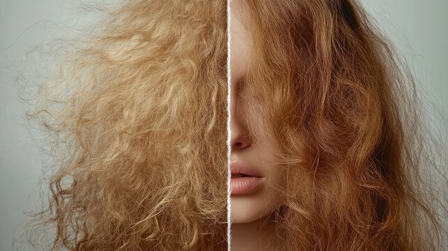 Before and after hair treatment, with a clear divide between damaged, frizzy hair and healthy, smooth strands, set against a neutral background.