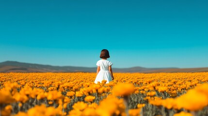 Tranquil scene of yellow marigold field with girl under clear blue sky, shot with Canon EOS R5 at F2, ISO 30