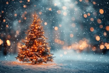 Naklejka premium A snowy Christmas tree shines with golden lights during a winter evening celebration