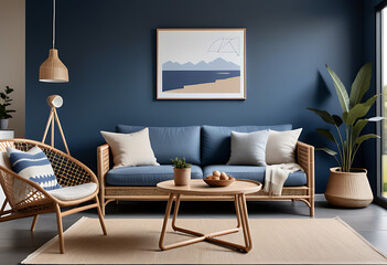 dark stucco wall features rattan sofa side table scandinavian farmhouse style living room blue beige accents home