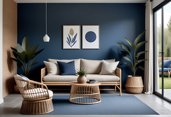 dark stucco wall features rattan sofa side table scandinavian farmhouse style living room blue beige accents home