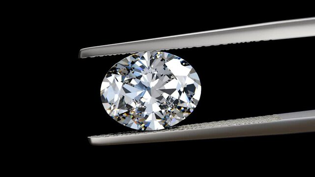 Oval brilliant cut diamond in tweezers, swaying slightly on deep blue background. Seamless loop 3D animation.