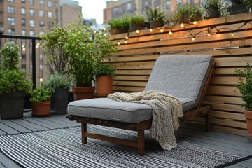 Obraz premium Cozy outdoor lounging area with modern chairs, plants, and string lights in a serene setting